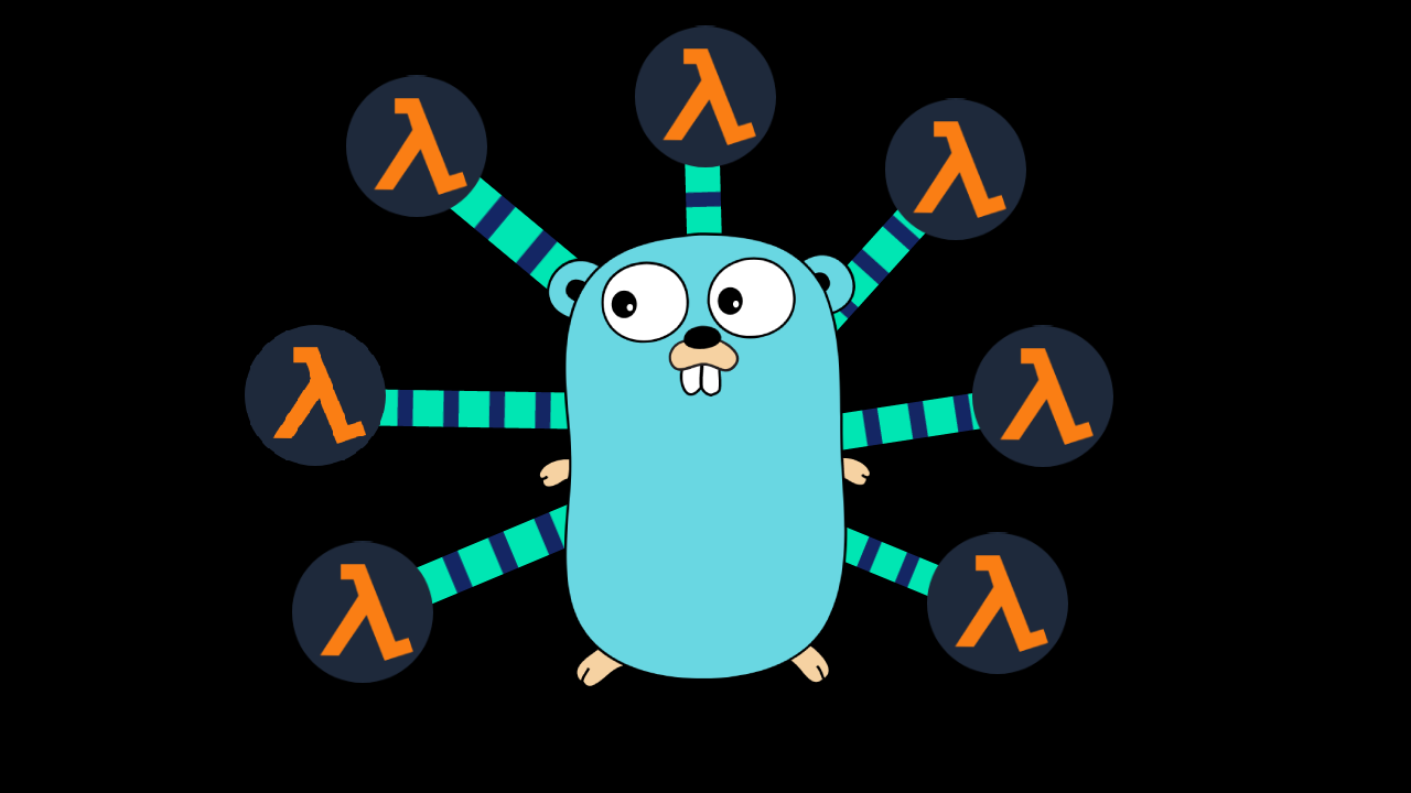 Illustration of the Go Gopher with AWS Lambda arms coming out of it